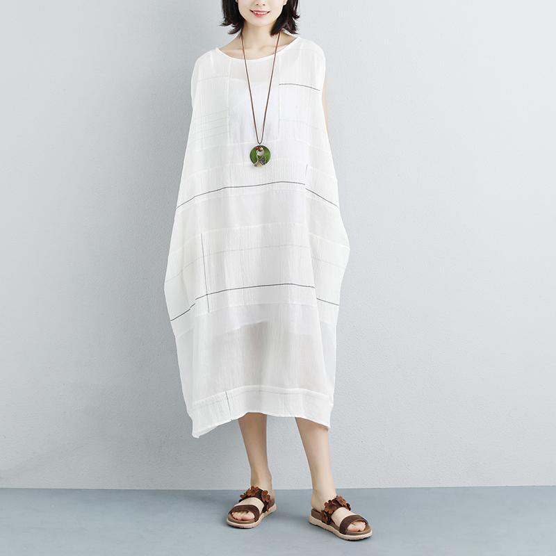 New linen dresses stylish Summer Pockets Plaid Sleeveless White Two-piece Dress - Omychic