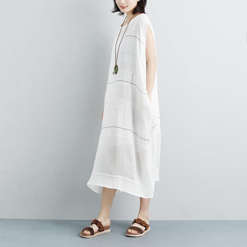 New linen dresses stylish Summer Pockets Plaid Sleeveless White Two-piece Dress - Omychic