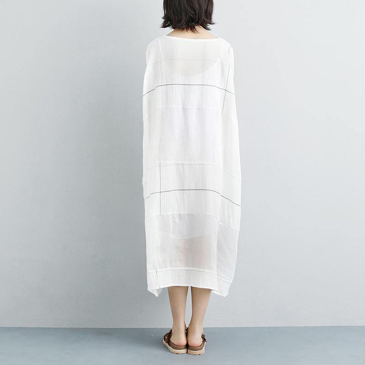 New linen dresses stylish Summer Pockets Plaid Sleeveless White Two-piece Dress - Omychic