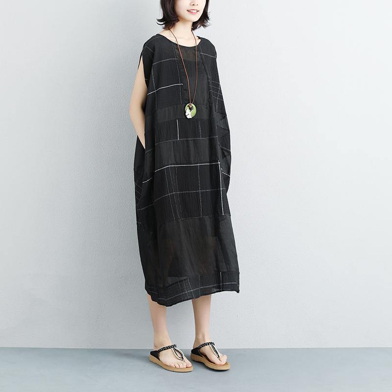New linen sundress trendy plus size Summer Pockets Plaid Sleeveless Black Two-piece Dress - Omychic