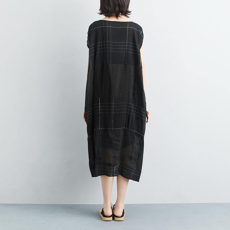 New linen sundress trendy plus size Summer Pockets Plaid Sleeveless Black Two-piece Dress - Omychic