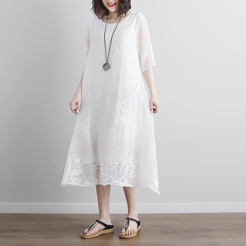 New long cotton dress plus size White Summer Fake Two-piece Pockets Retro Dress - Omychic