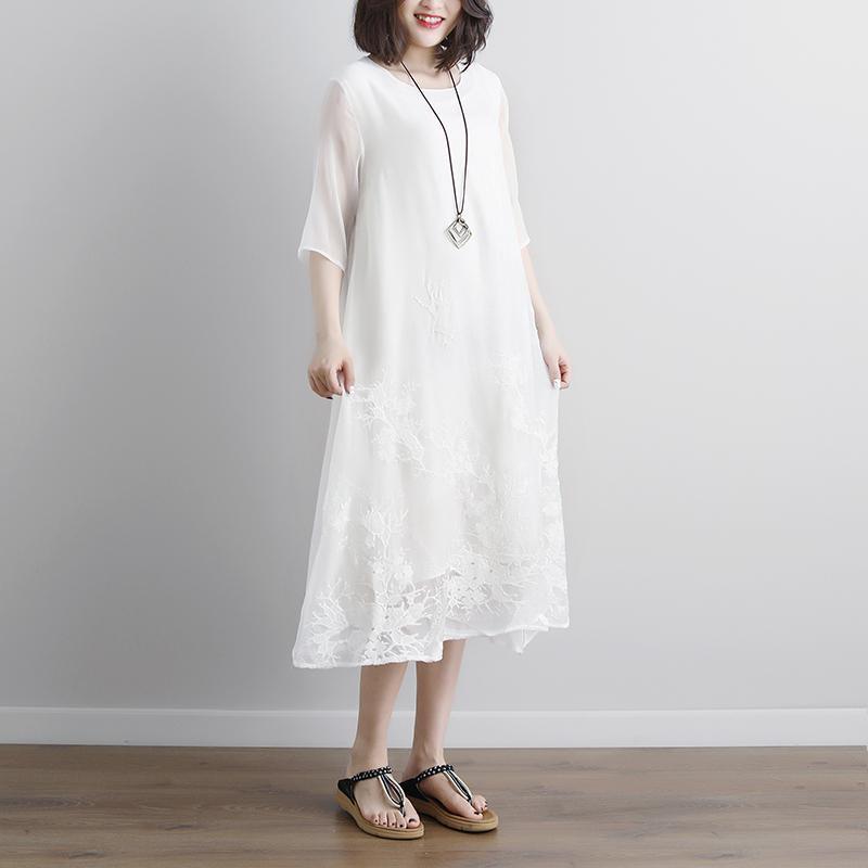 New long cotton dress plus size White Summer Fake Two-piece Pockets Retro Dress - Omychic