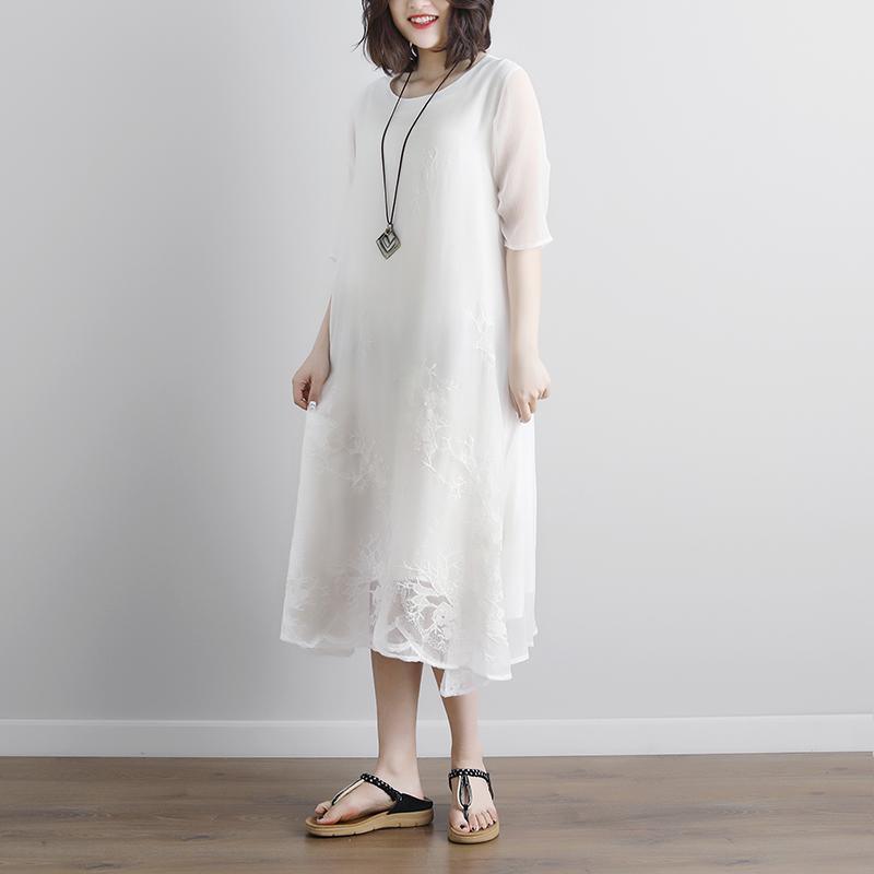 New long cotton dress plus size White Summer Fake Two-piece Pockets Retro Dress - Omychic