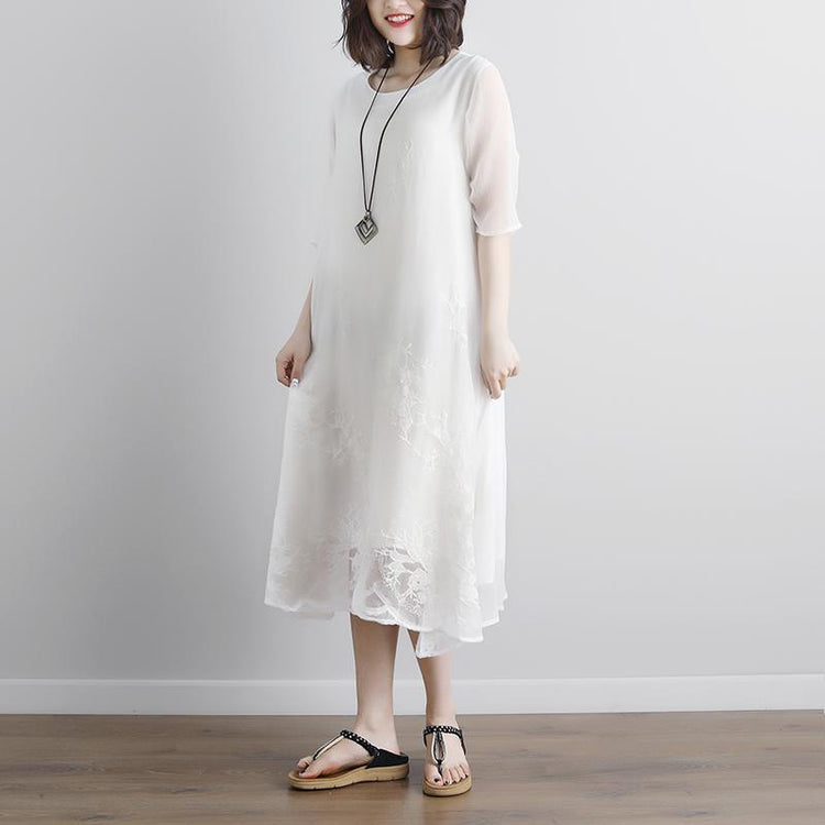 New long cotton dress plus size White Summer Fake Two-piece Pockets Retro Dress - Omychic