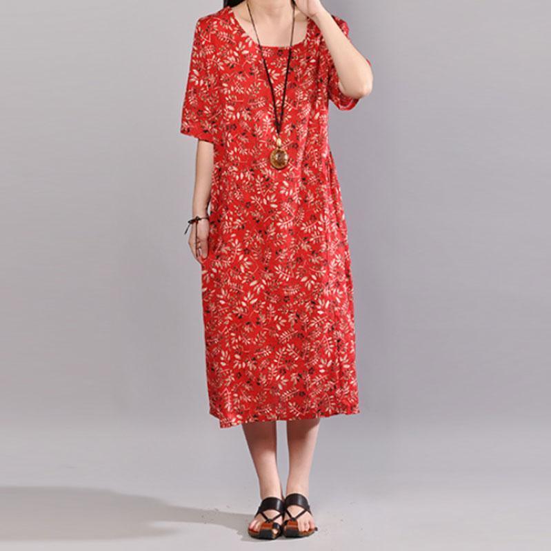 New long cotton dresses Loose fitting Printed Short Sleeve Cotton Women Red Dress - Omychic
