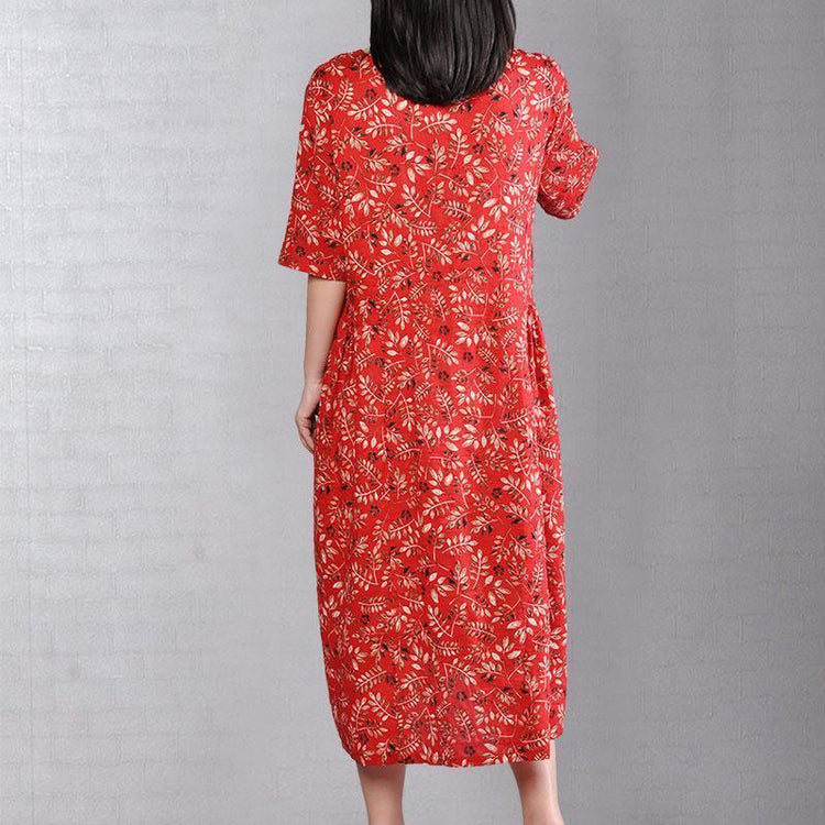 New long cotton dresses Loose fitting Printed Short Sleeve Cotton Women Red Dress - Omychic