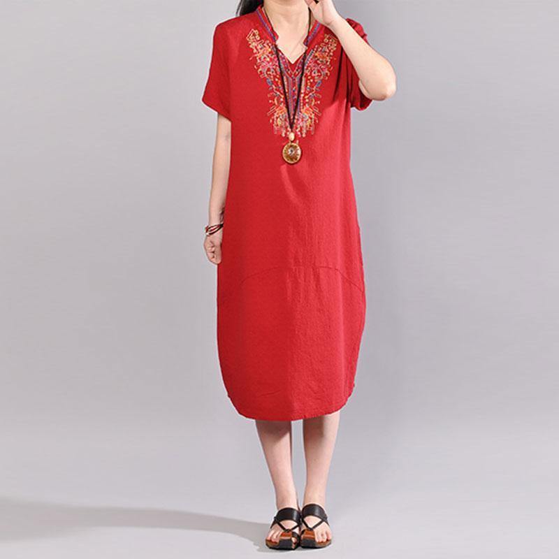 New long linen dresses plussize Casual Embroidered V Neck Red Short Sleeve Dress - Omychic