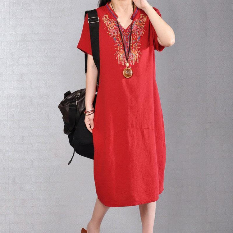 New long linen dresses plussize Casual Embroidered V Neck Red Short Sleeve Dress - Omychic