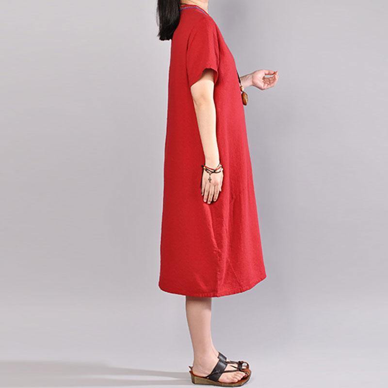 New long linen dresses plussize Casual Embroidered V Neck Red Short Sleeve Dress - Omychic