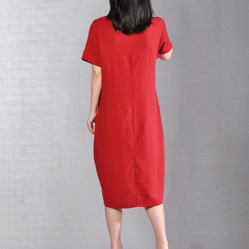 New long linen dresses plussize Casual Embroidered V Neck Red Short Sleeve Dress - Omychic