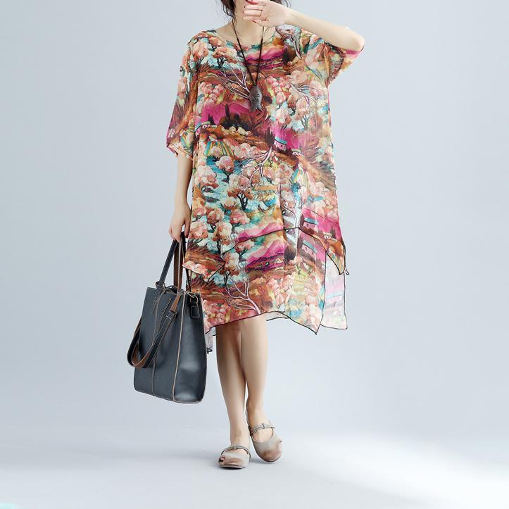 New multi color prints chiffon shift dress casual traveling dress New half sleeve o neck two pieces dresses - Omychic