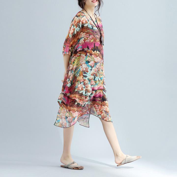 New multi color prints chiffon shift dress casual traveling dress New half sleeve o neck two pieces dresses - Omychic