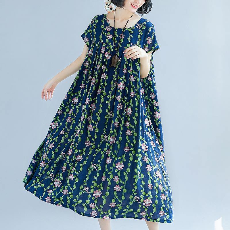 New navy color green floral long cotton dress oversize patchwork caftans casual short sleeve kaftans - Omychic