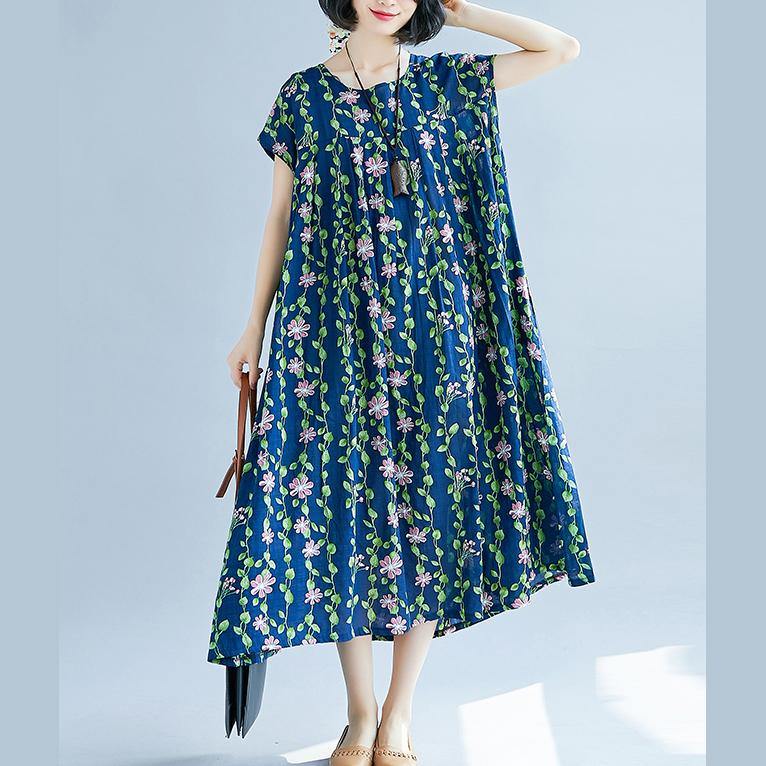 New navy color green floral long cotton dress oversize patchwork caftans casual short sleeve kaftans - Omychic