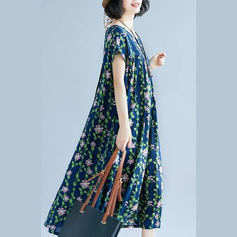 New navy color green floral long cotton dress oversize patchwork caftans casual short sleeve kaftans - Omychic