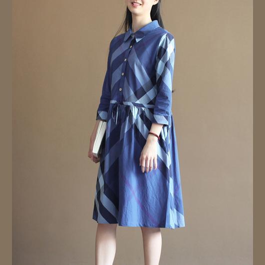 New navy plaid vintage sundress causal cotton summer maxi dresses - Omychic