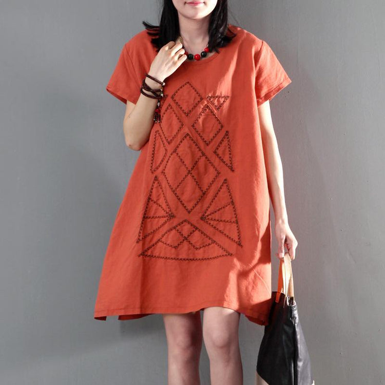 New orange linen sundress loose causal summer dresses short sleeve blouse - Omychic