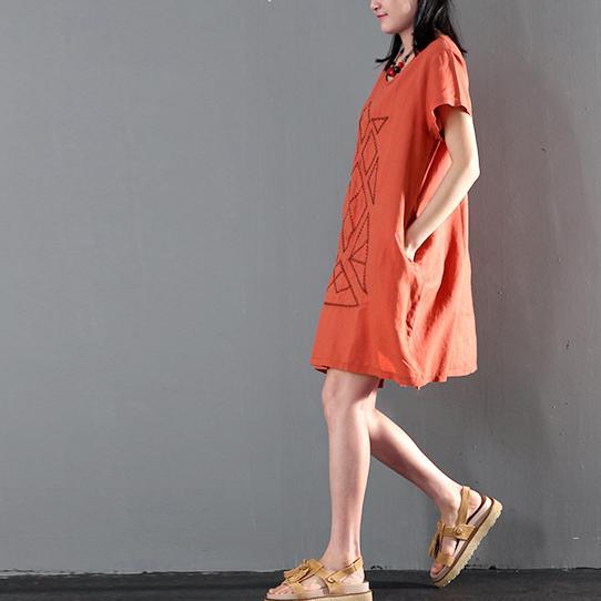 New orange linen sundress loose causal summer dresses short sleeve blouse - Omychic