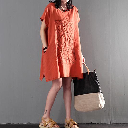 New orange linen sundress loose causal summer dresses short sleeve blouse - Omychic