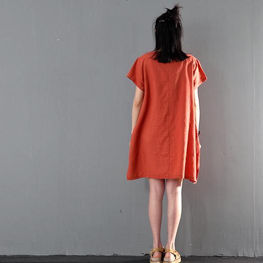 New orange linen sundress loose causal summer dresses short sleeve blouse - Omychic