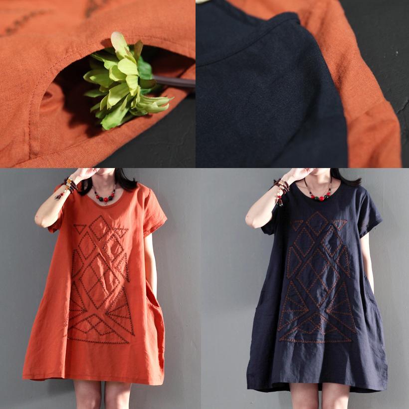 New orange linen sundress loose causal summer dresses short sleeve blouse - Omychic