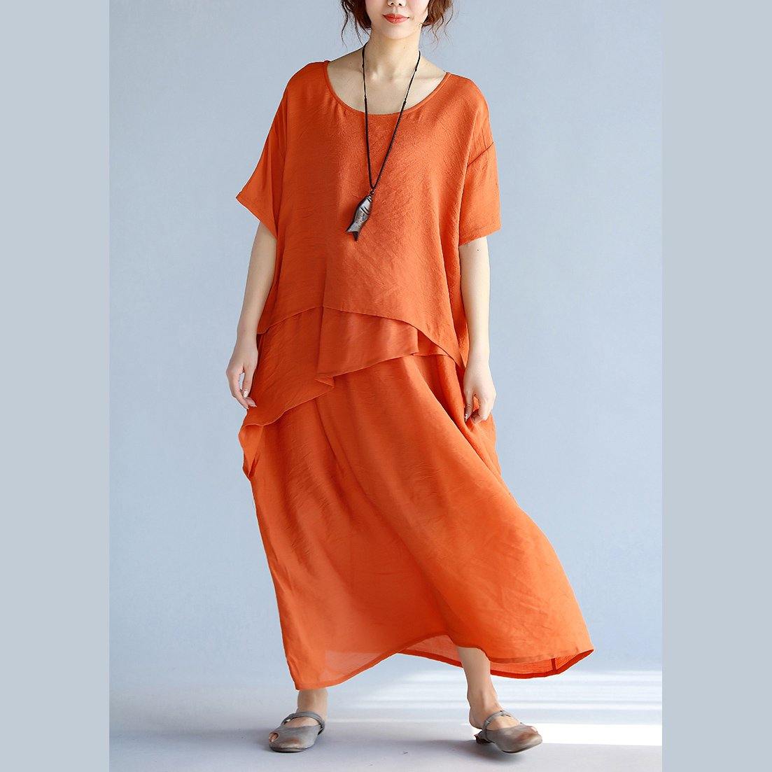 New orange long linen dresses plus size clothing layered cotton