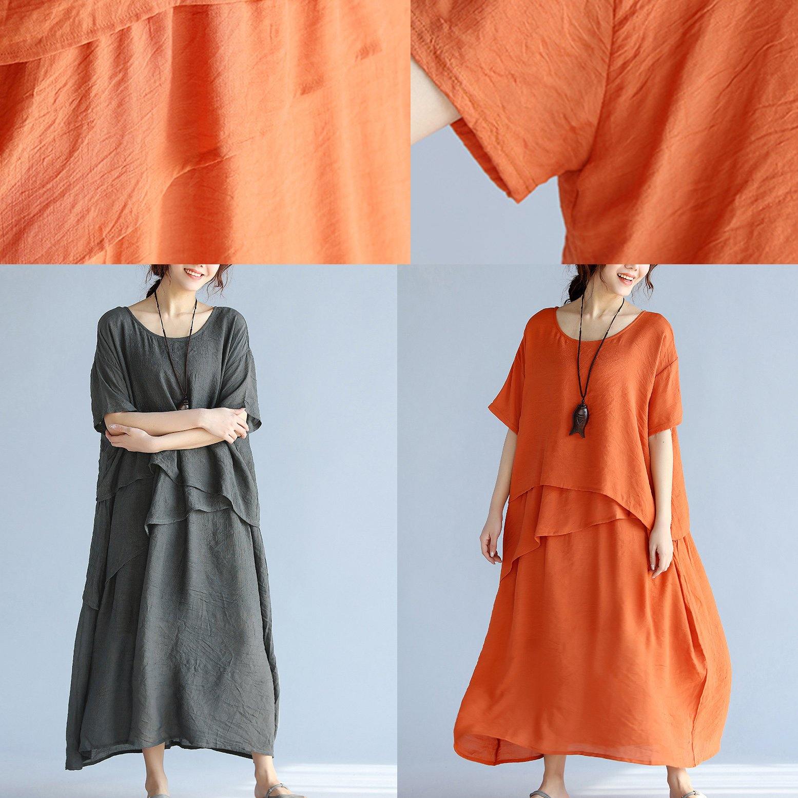 New orange long linen dresses plus size clothing layered cotton dresses New short sleeve linen cotton dress - Omychic
