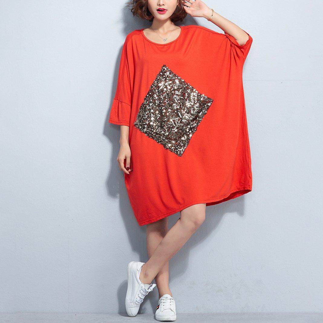 New orange red cotton dress plus size cotton clothing dress New bracelet sleeved appliques knee dresses - Omychic