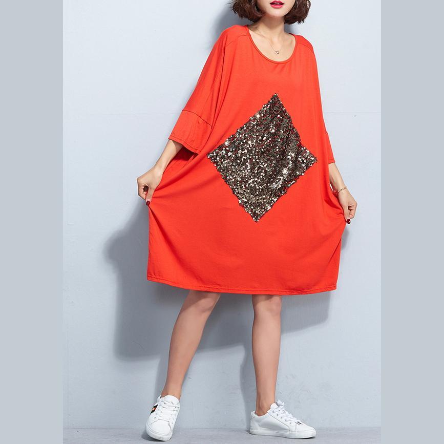 New orange red cotton dress plus size cotton clothing dress New bracelet sleeved appliques knee dresses - Omychic