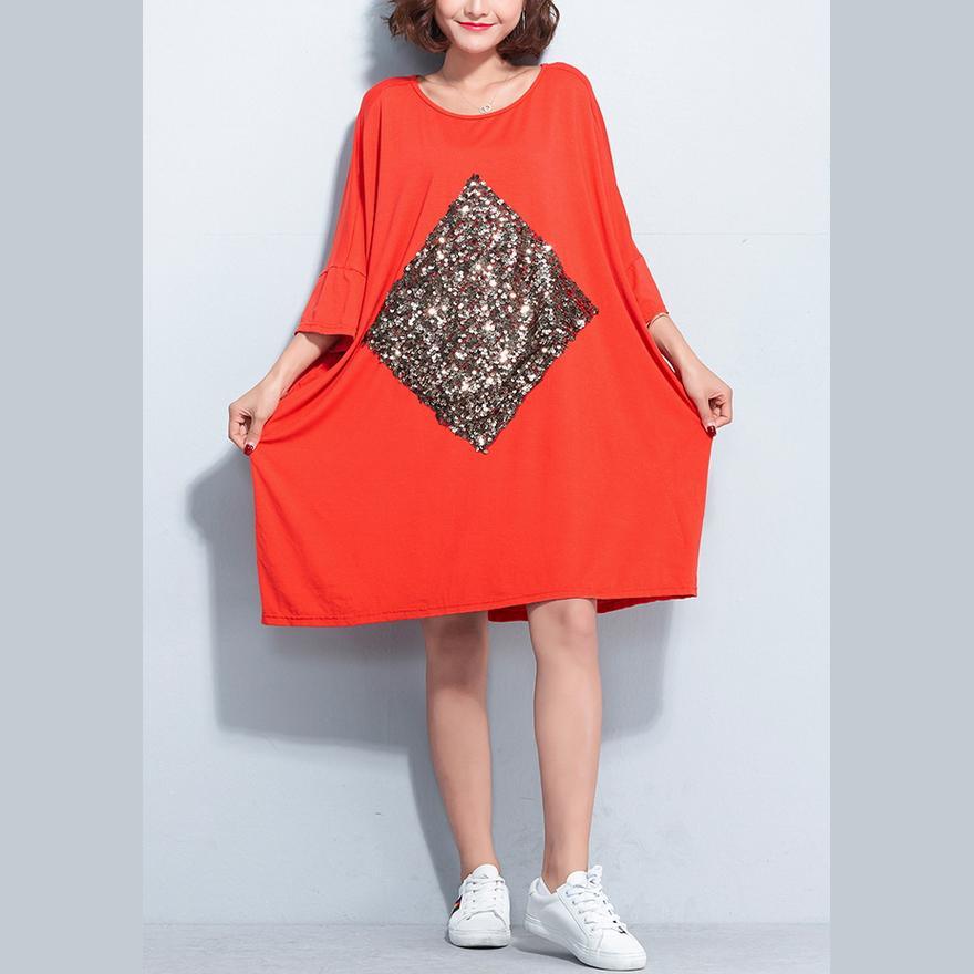 New orange red cotton dress plus size cotton clothing dress New bracelet sleeved appliques knee dresses - Omychic