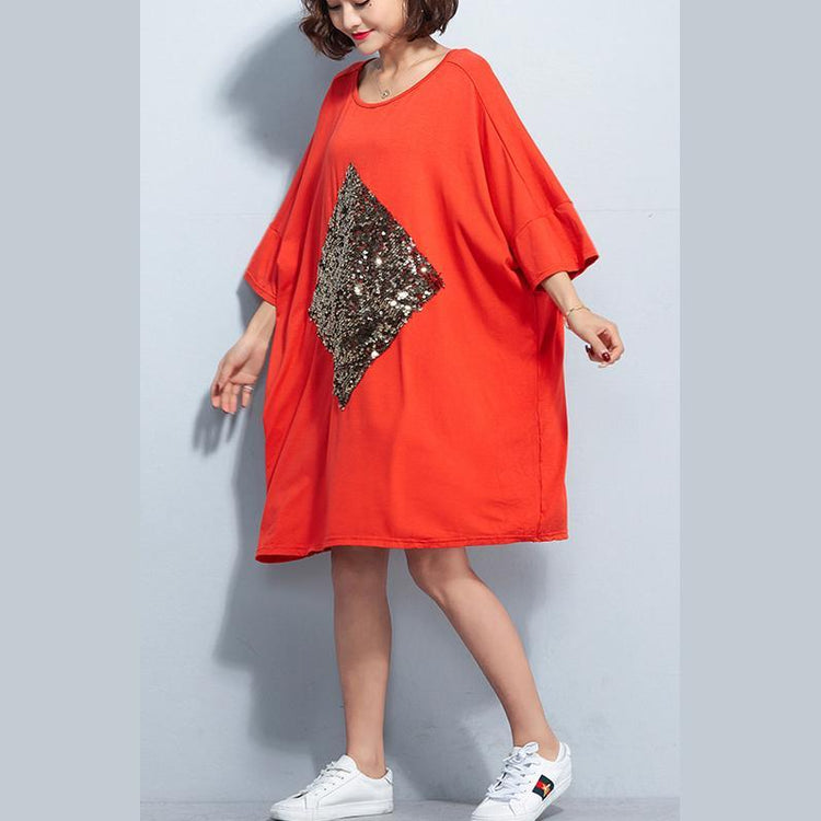 New orange red cotton dress plus size cotton clothing dress New bracelet sleeved appliques knee dresses - Omychic