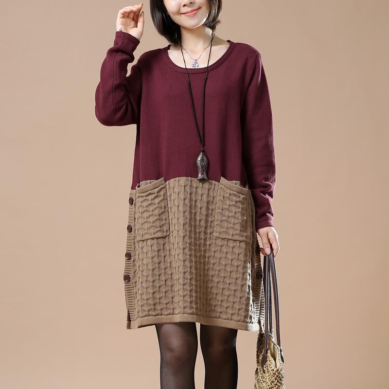 New pattern knit burgundy sweaters oversize dresses - Omychic