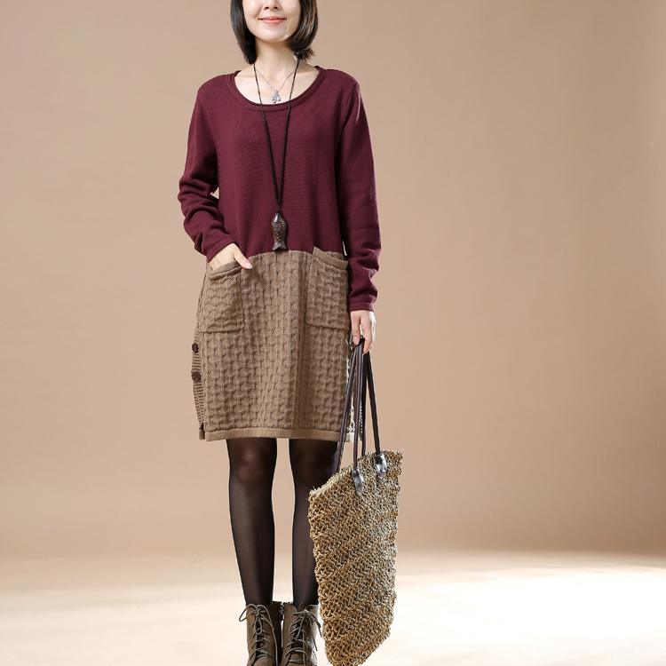 New pattern knit burgundy sweaters oversize dresses - Omychic