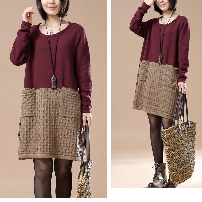 New pattern knit burgundy sweaters oversize dresses - Omychic