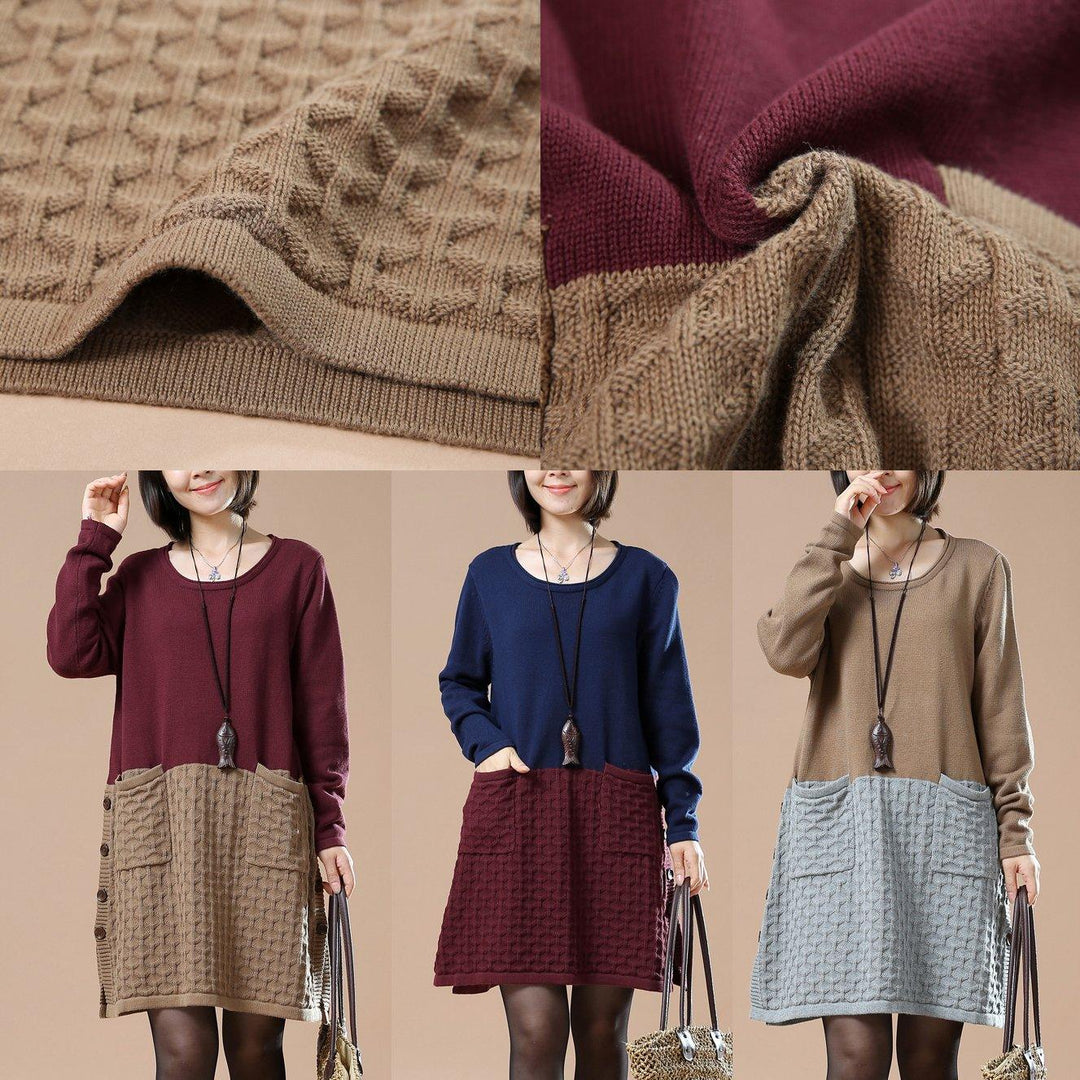 New pattern knit burgundy sweaters oversize dresses - Omychic