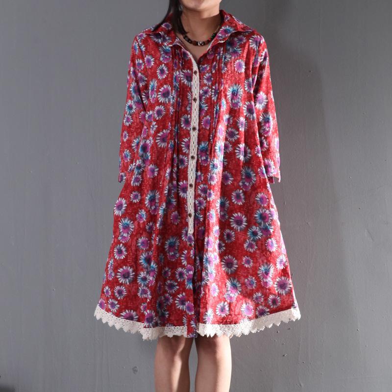 New plus size pink linen dress lace daisy print summer cotton shirt dress - Omychic