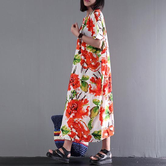 New print linen dress o neck short sleeve sundress loose casual maxi dresses - Omychic