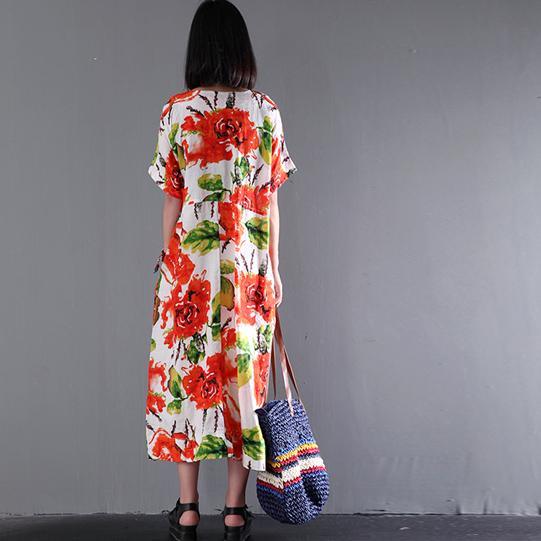 New print linen dress o neck short sleeve sundress loose casual maxi dresses - Omychic