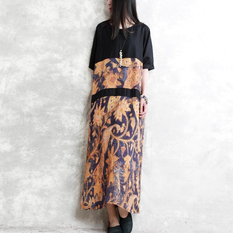 New prints long linen dress oversized patchwork caftans women short sleeve maxi dresses - Omychic