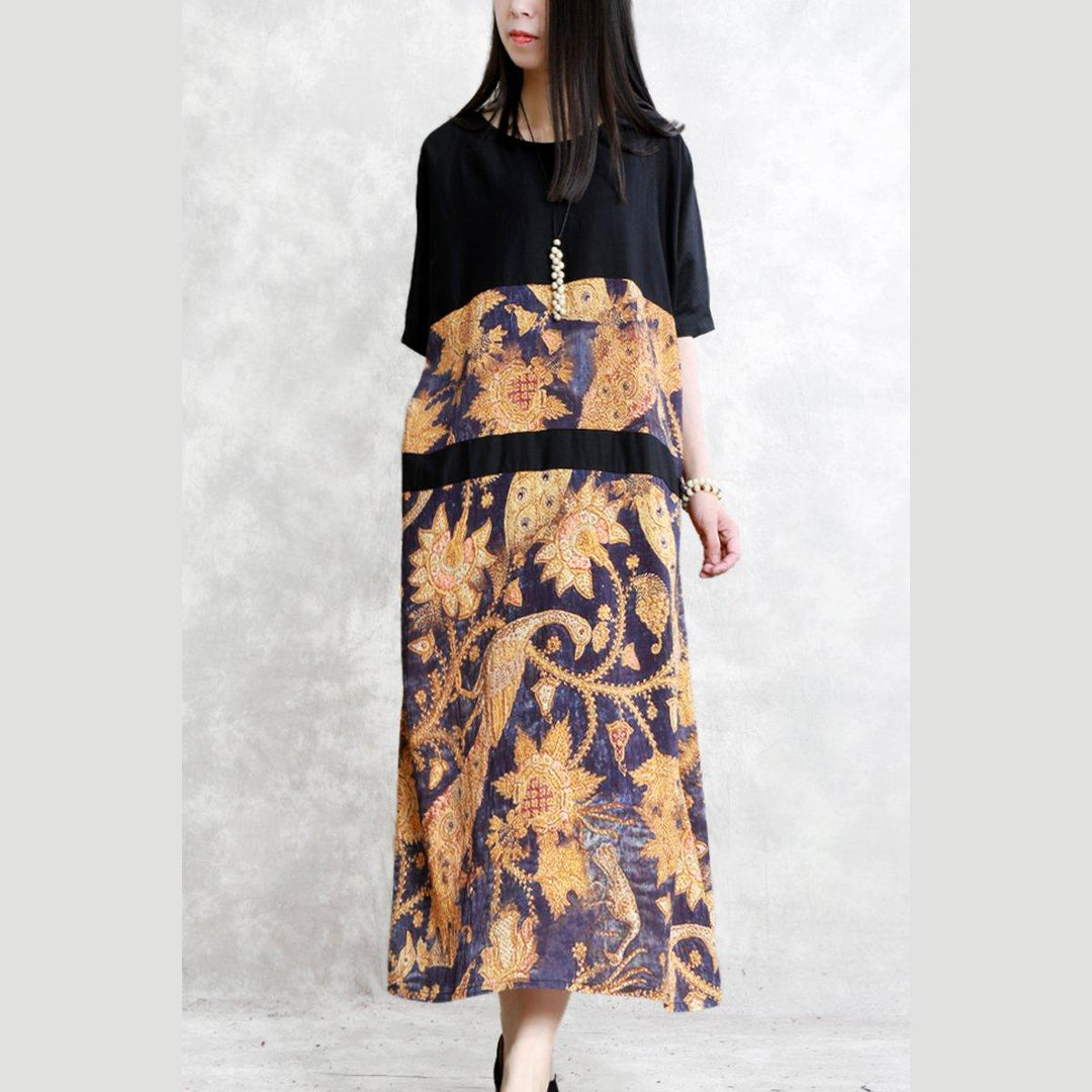 New prints long linen dress oversized patchwork caftans women short sleeve maxi dresses - Omychic