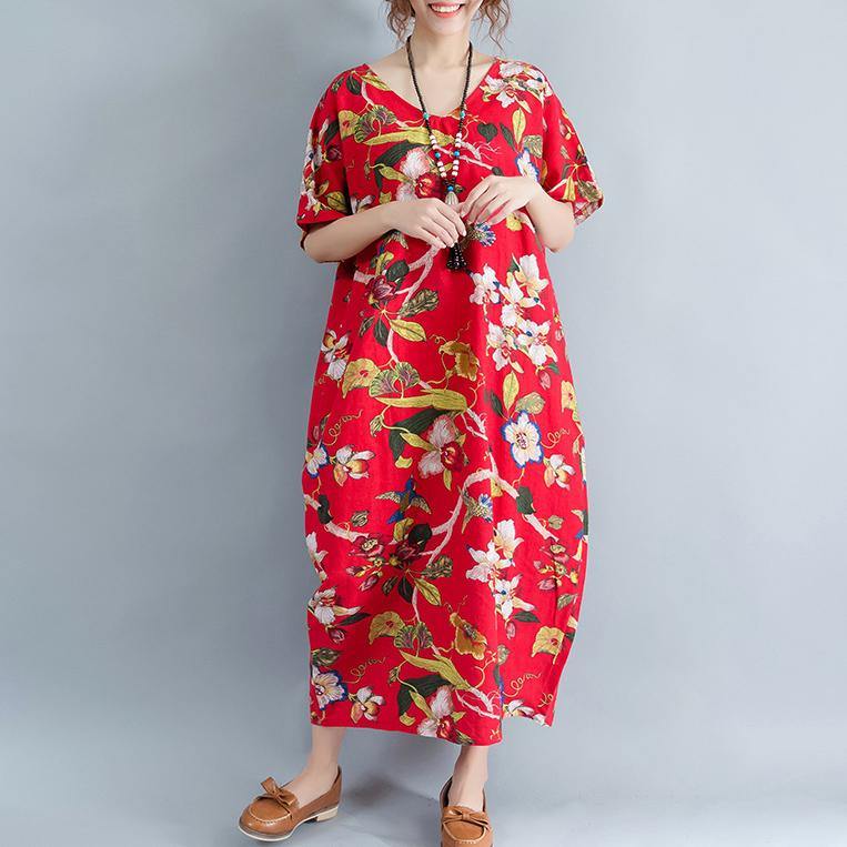 New red linen dress oversized floral cotton maxi dress Elegant short sleeve gown - Omychic