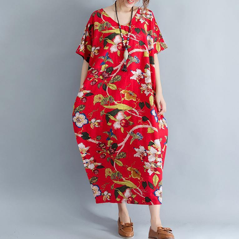 New red linen dress oversized floral cotton maxi dress Elegant short sleeve gown - Omychic