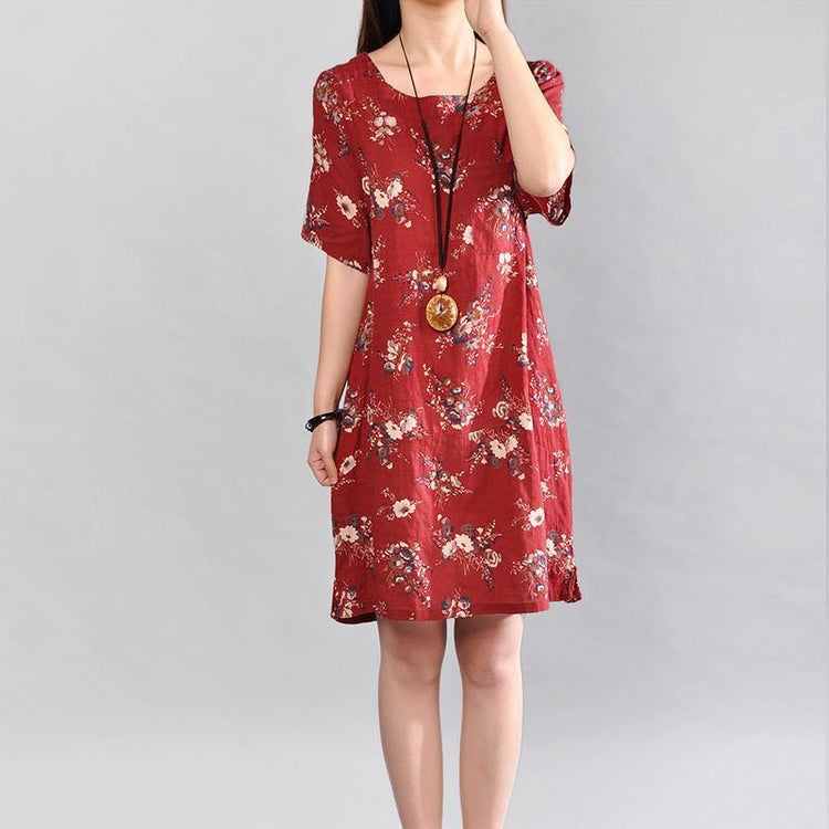 New red linen dresses plus size linen clothing dresses boutique o neck floral cotton clothing - Omychic