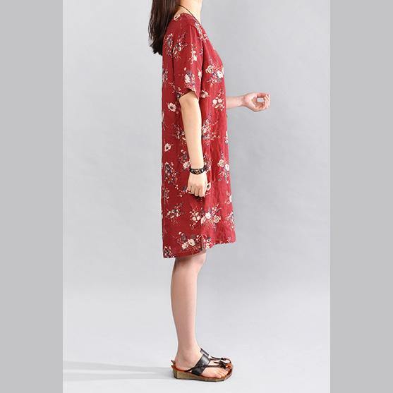 New red linen dresses plus size linen clothing dresses boutique o neck floral cotton clothing - Omychic