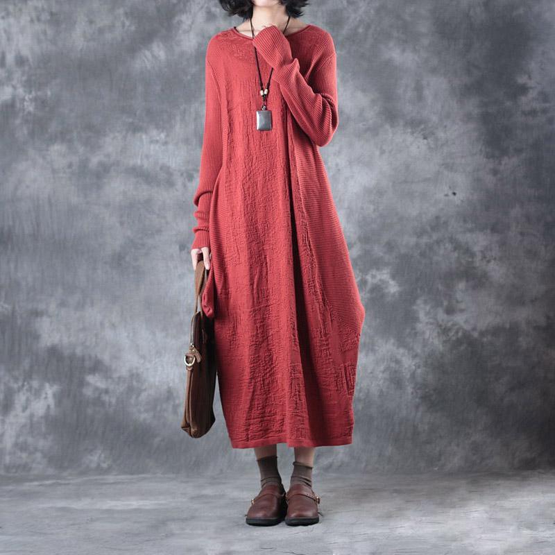 New red long knit dresses oversize asymmetrical design 2018 o neck caftans gown - Omychic