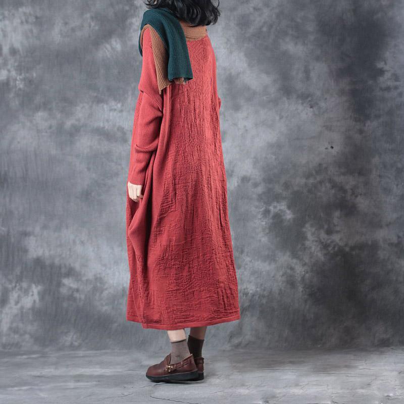 New red long knit dresses oversize asymmetrical design 2018 o neck caftans gown - Omychic