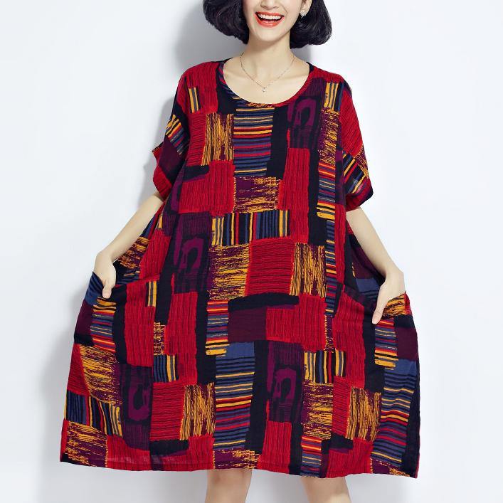 New red prints cotton dress trendy plus size cotton clothing dresses New o neck short sleeve midi dress - Omychic