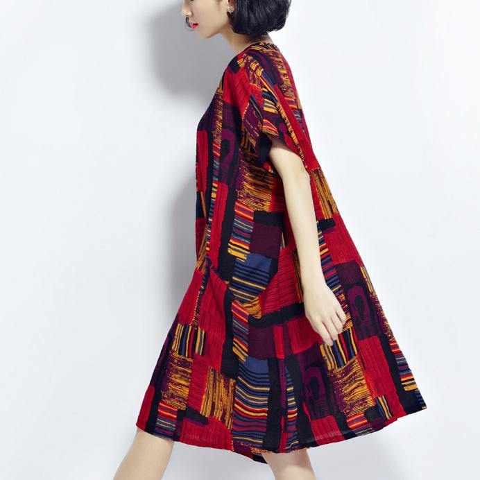 New red prints cotton dress trendy plus size cotton clothing dresses New o neck short sleeve midi dress - Omychic