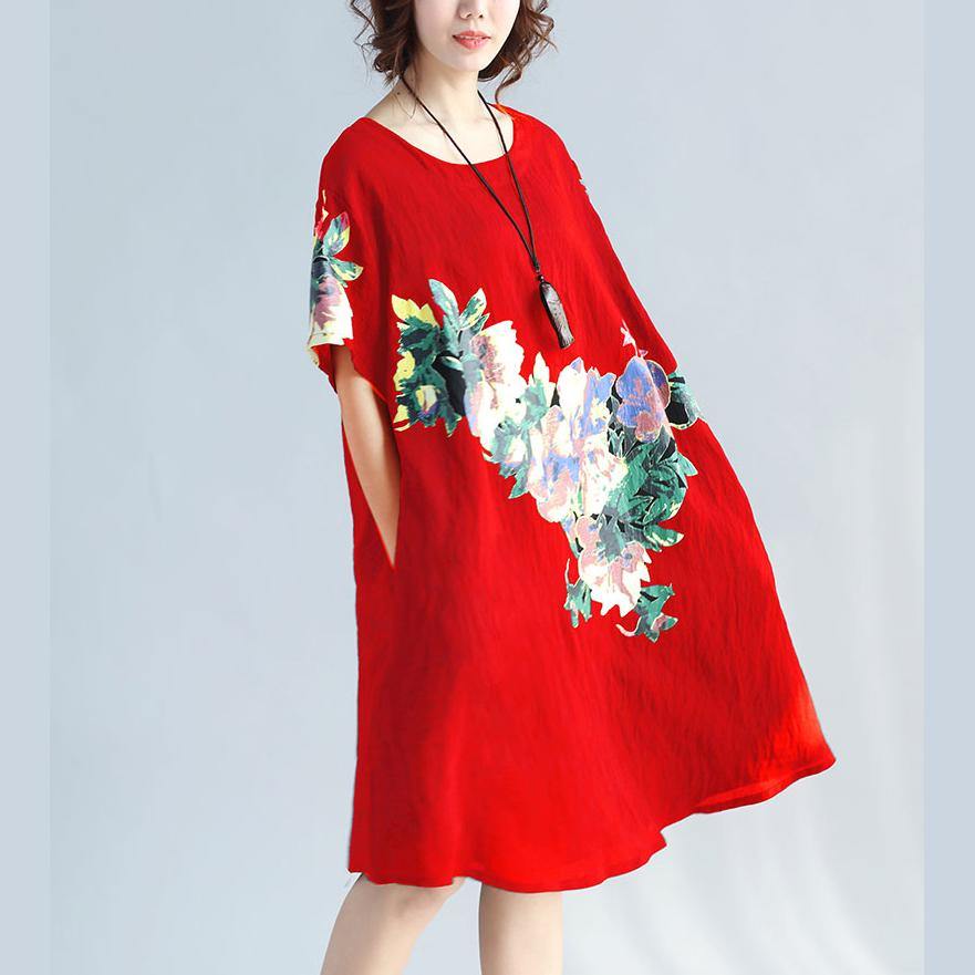 New red prints  linen dress plus size traveling clothing Elegant wild short sleeve o neck cotton dresses - Omychic
